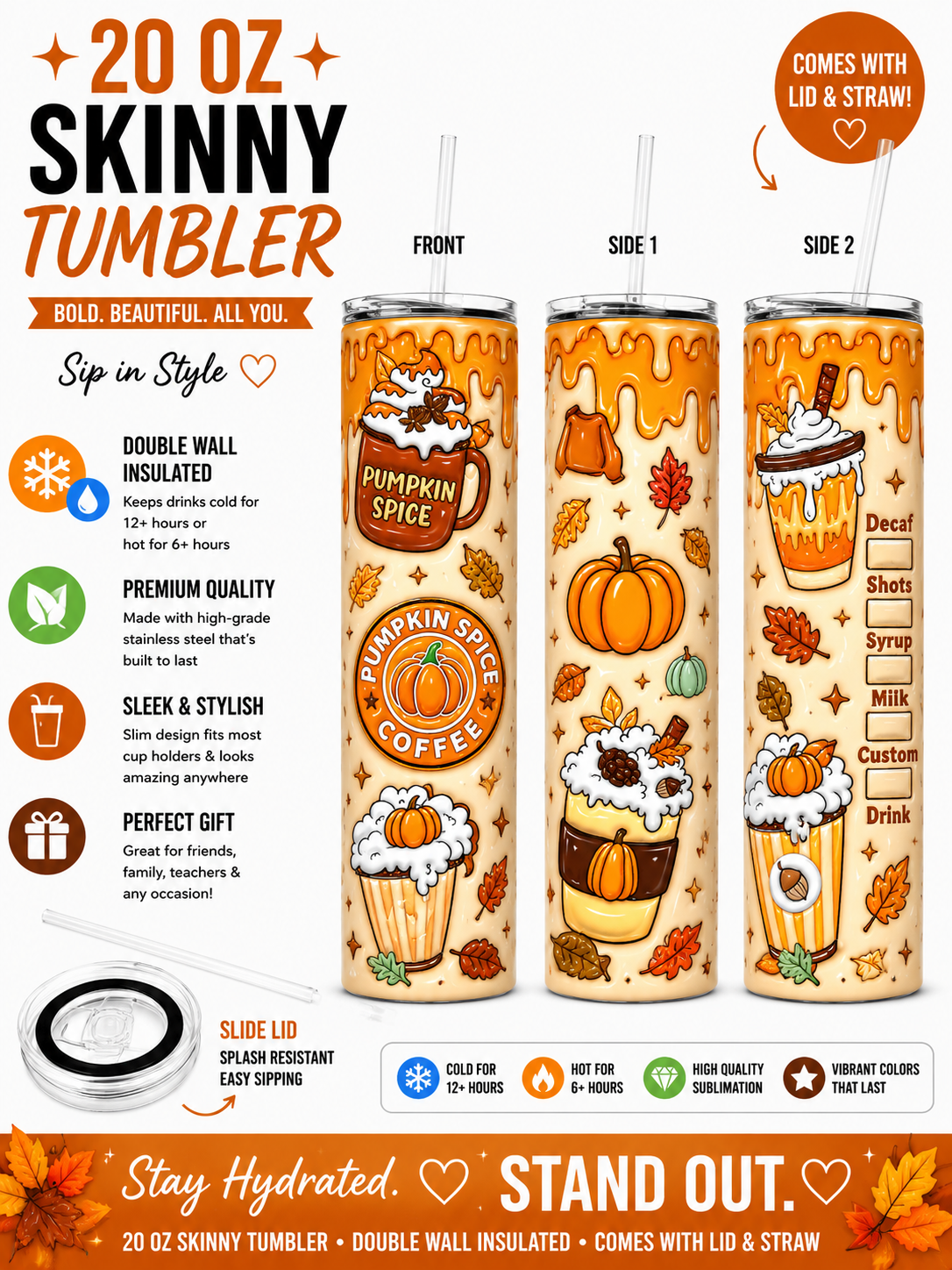 20 oz Pumpkin Spice Fall Skinny Tumbler 🎃☕🍂