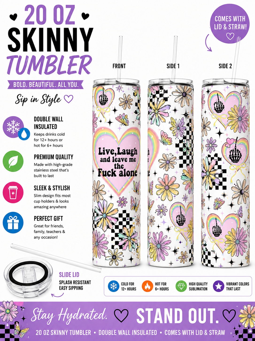 20 oz “Live, Laugh & Leave Me Alone” Sassy Skinny Tumbler 🌸🖤