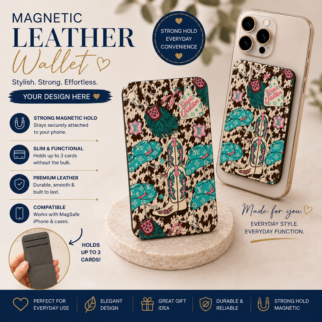 Western Cow Print Magnetic Leather Wallet – MagSafe Card Holder | Cowgirl Boots & Hat Phone Wallet