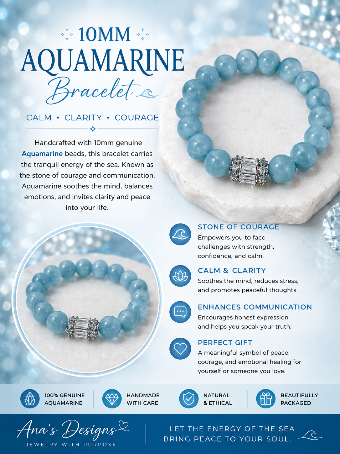 10mm Genuine Aquamarine Bracelet – Natural Gemstone Bracelet | Calm, Clarity & Courage