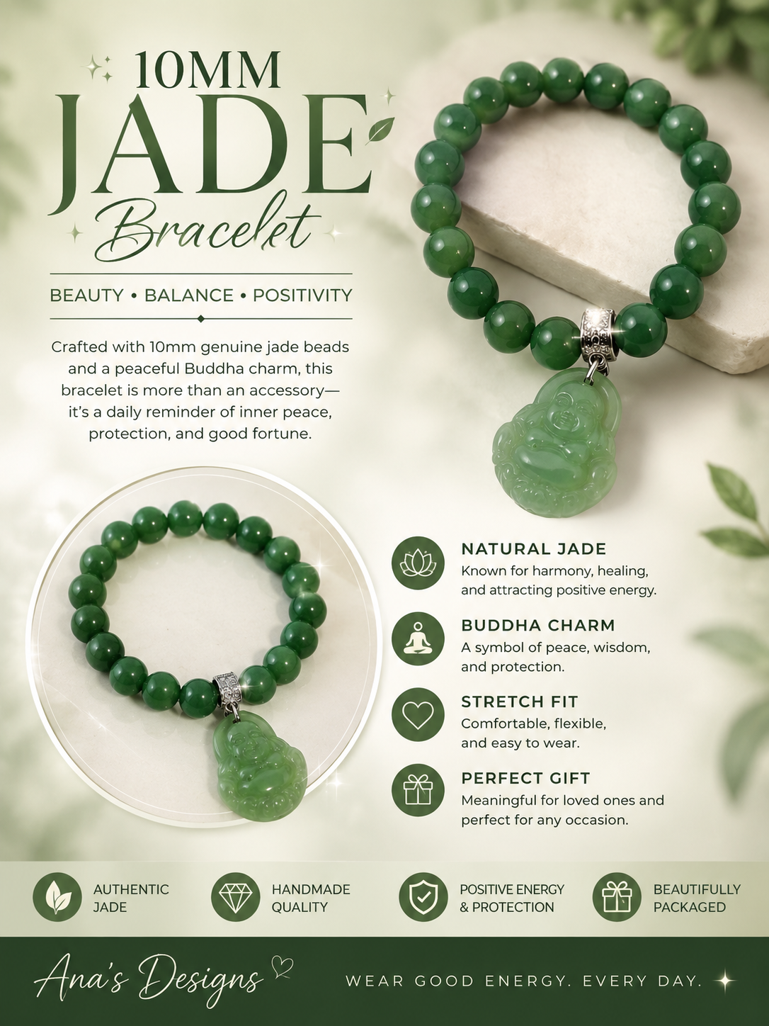 10mm Genuine Jade Buddha Bracelet – Natural Gemstone Stretch Bracelet | Positive Energy & Protection