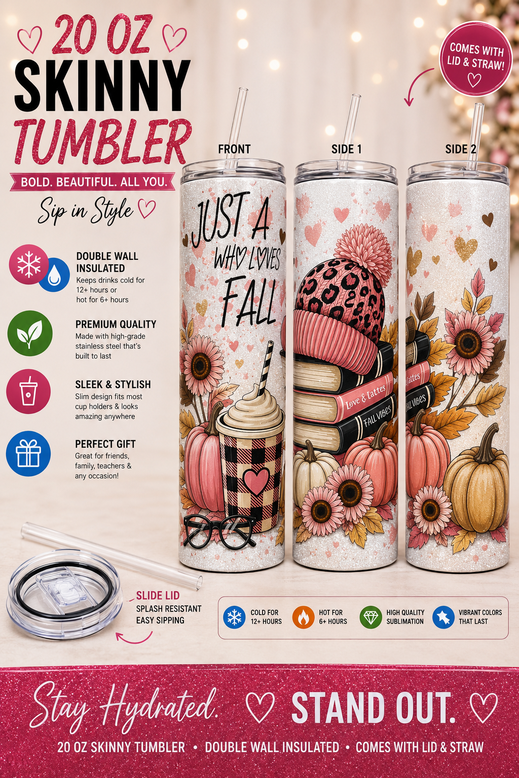 20 oz “Just a Girl Who Loves Fall” Skinny Tumbler 🍂📚🎃