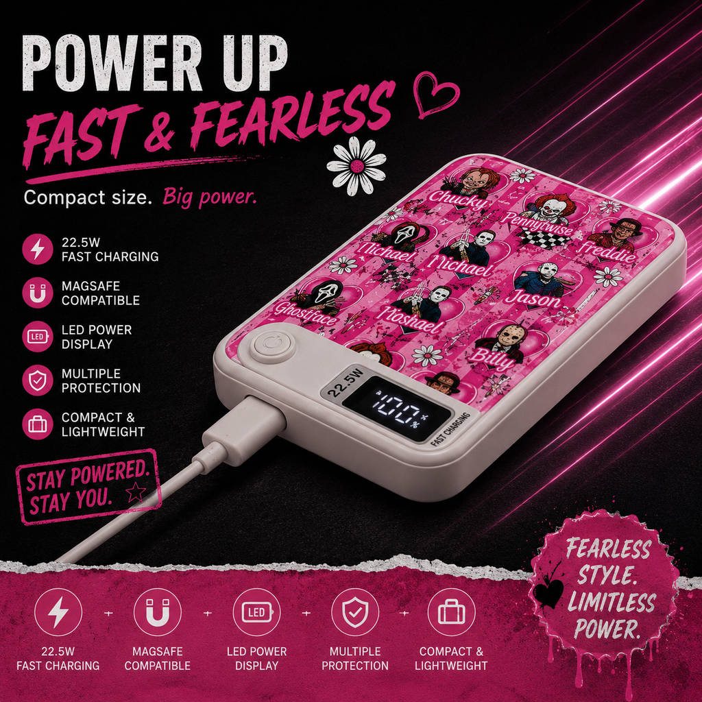 Power bank- Pink Horror Magnetic Power Bank – 22.5W Portable Charger with Digital Battery Display