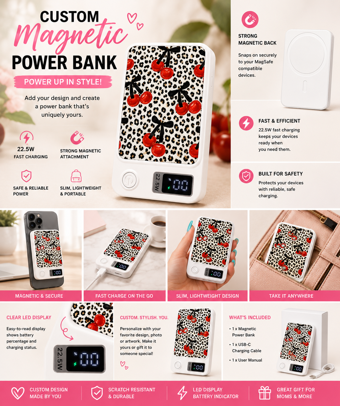 Power bank 🍒 Cherry Leopard Magnetic Power Bank – 22.5W Fast Charging