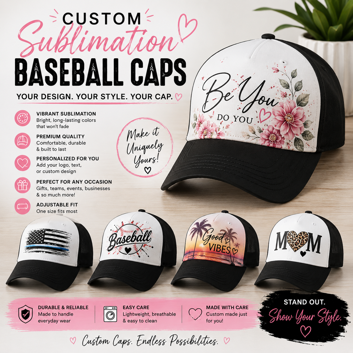 🧢 Custom Sublimation Baseball Cap – Upload Your Logo or Design