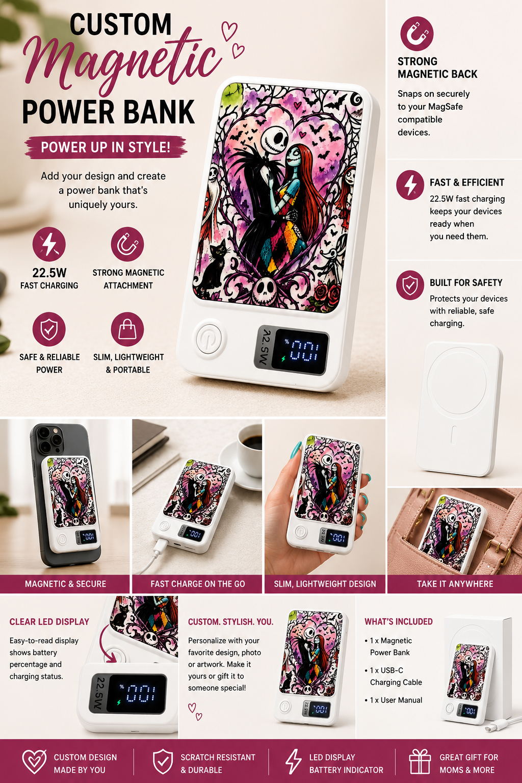 Power bank 🖤💗 Spooky Romance Magnetic Power Bank – 22.5W Fast Charging