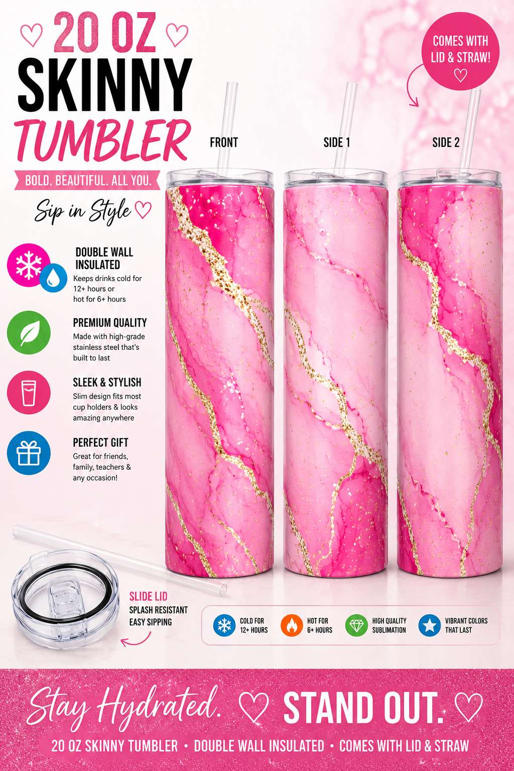20 oz Pink & Gold Marble Skinny Tumbler 💕✨