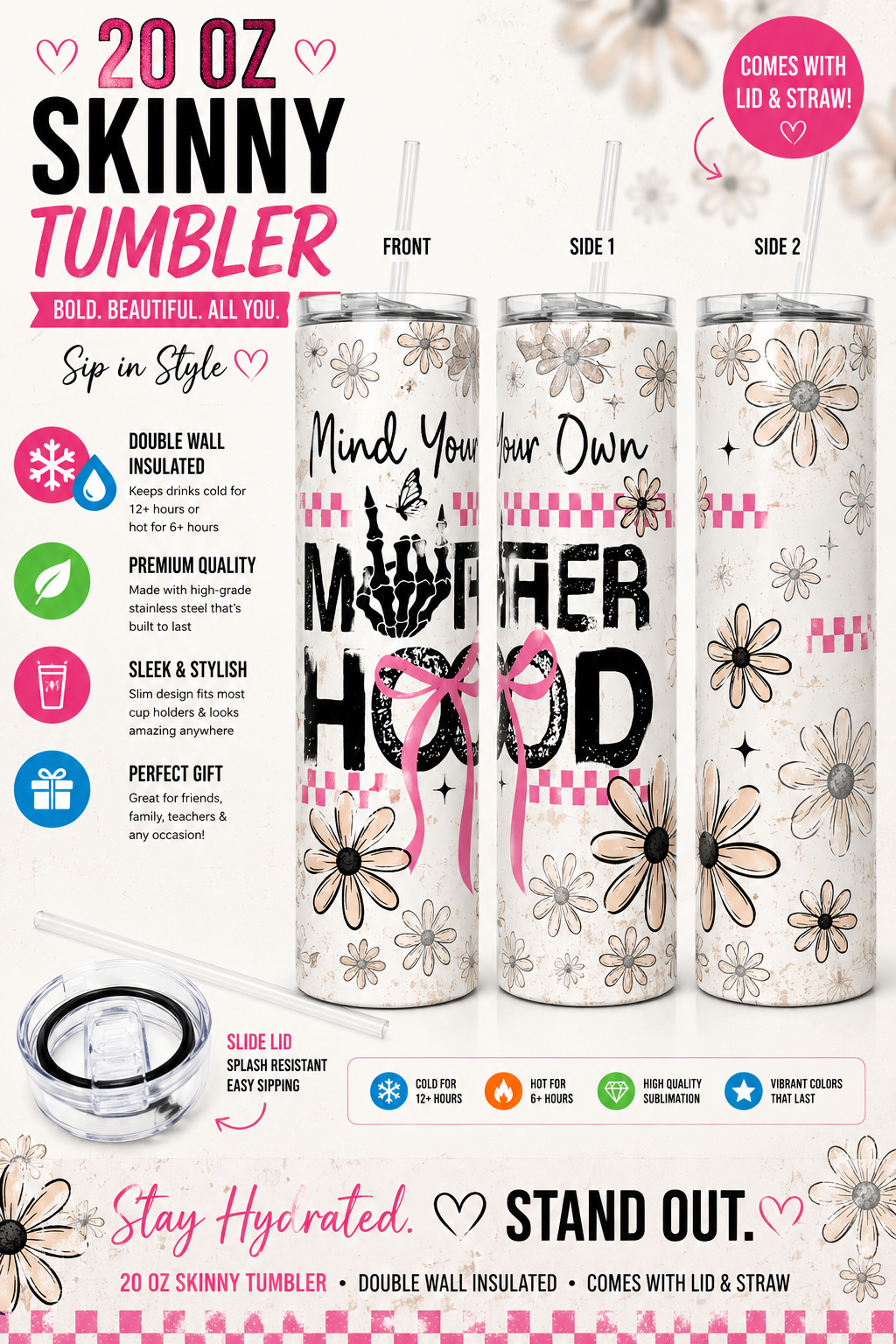 20 oz “Mind Your Own Motherhood” Skinny Tumbler 🌸🩷