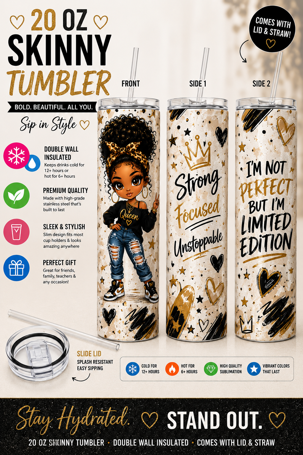 20 oz “Strong, Focused & Unstoppable” Queen Skinny Tumbler 👑✨