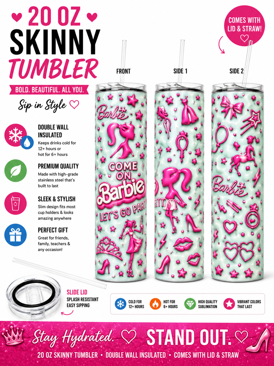 20 oz Pink Fashion Doll Inspired Skinny Tumbler 💕✨