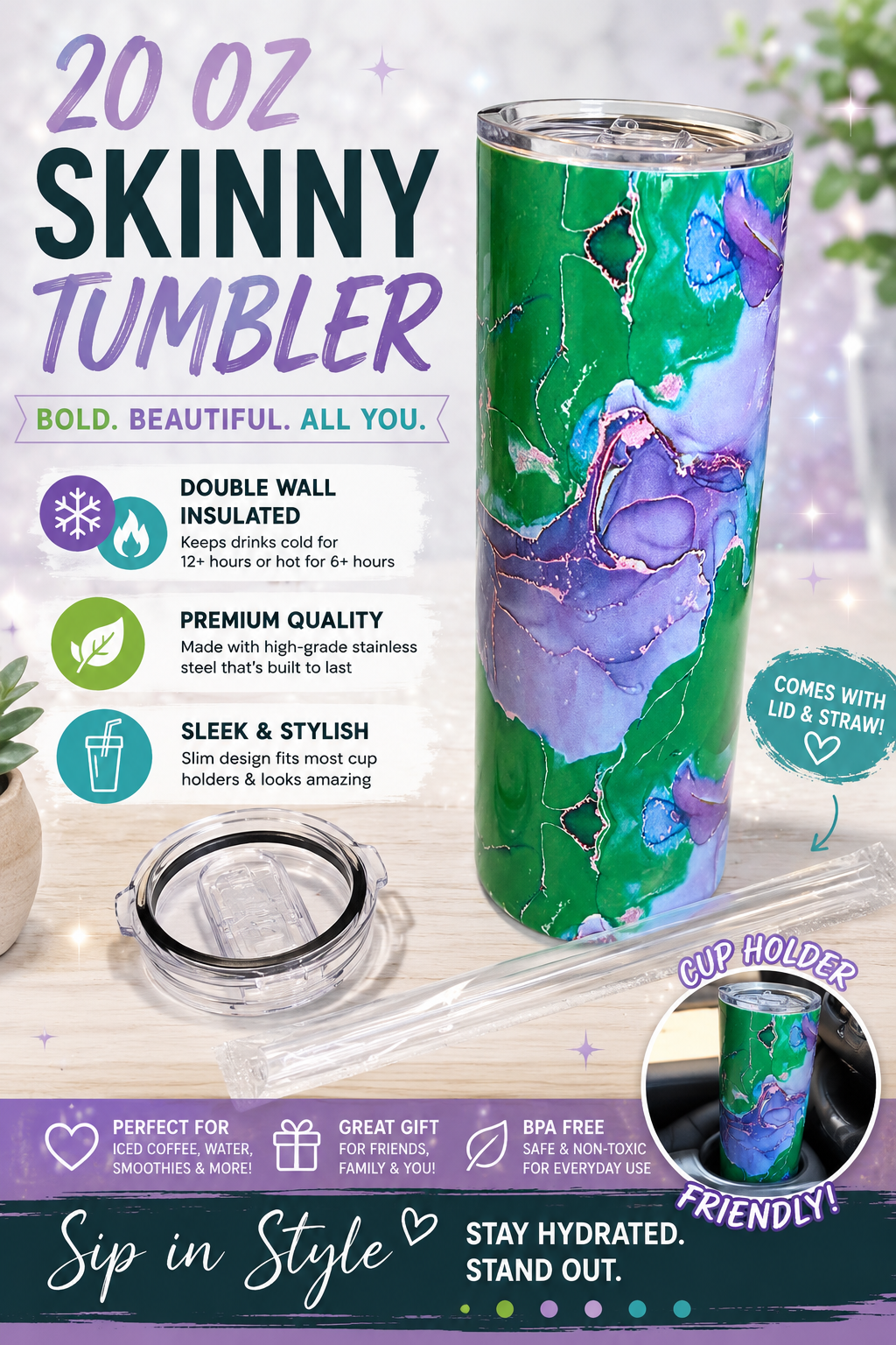 💜💚 20 oz Marble Skinny Tumbler – Purple or Green