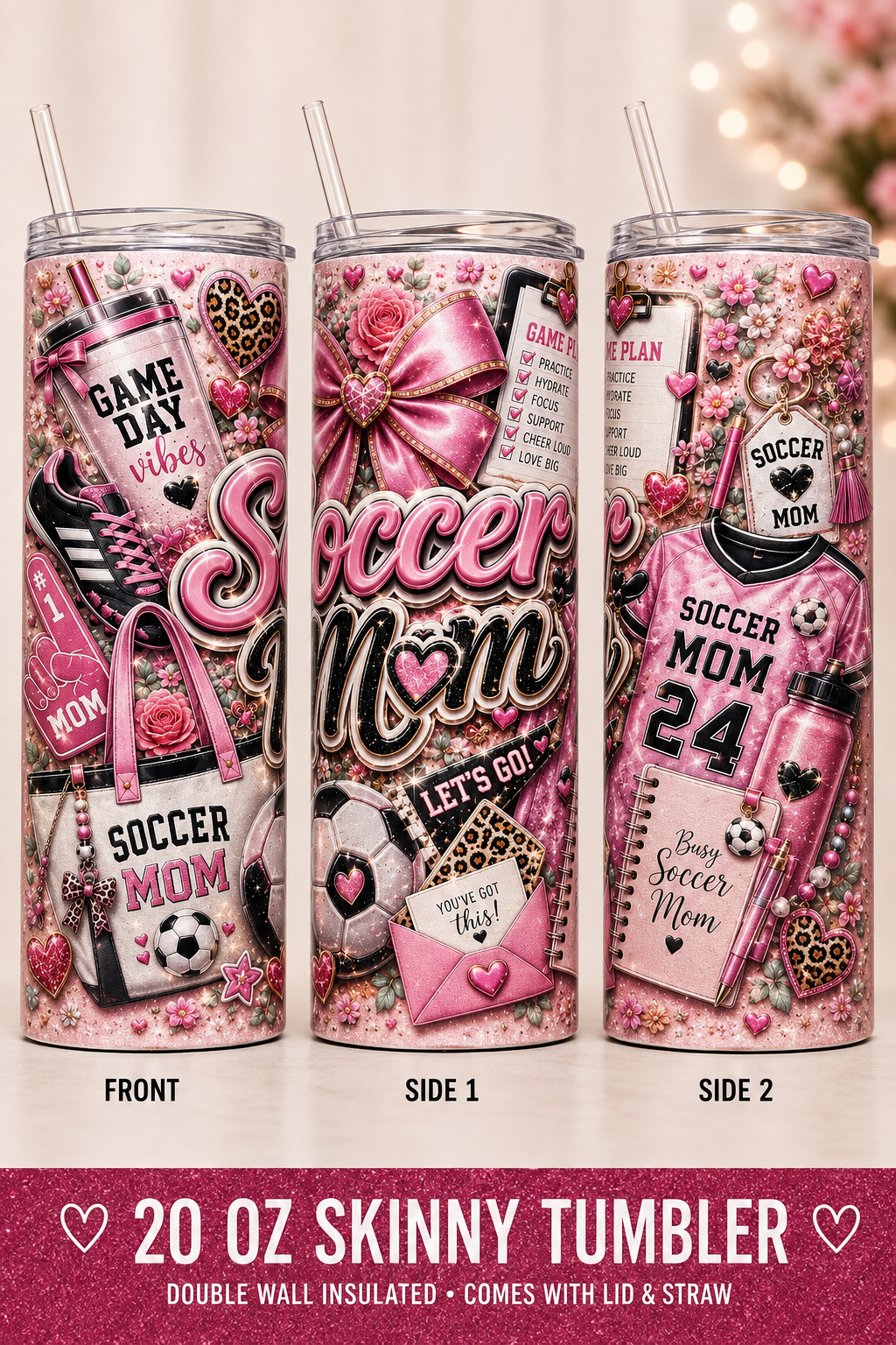 20 oz Soccer Mom Skinny Tumbler – Classic or Bluetooth Speaker ⚽🩷