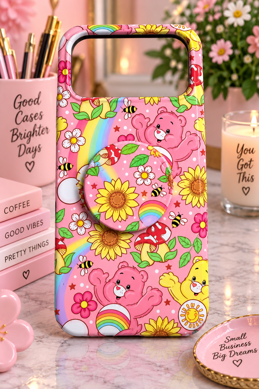 Phone Grip- Pink Sunflower Rainbow bear