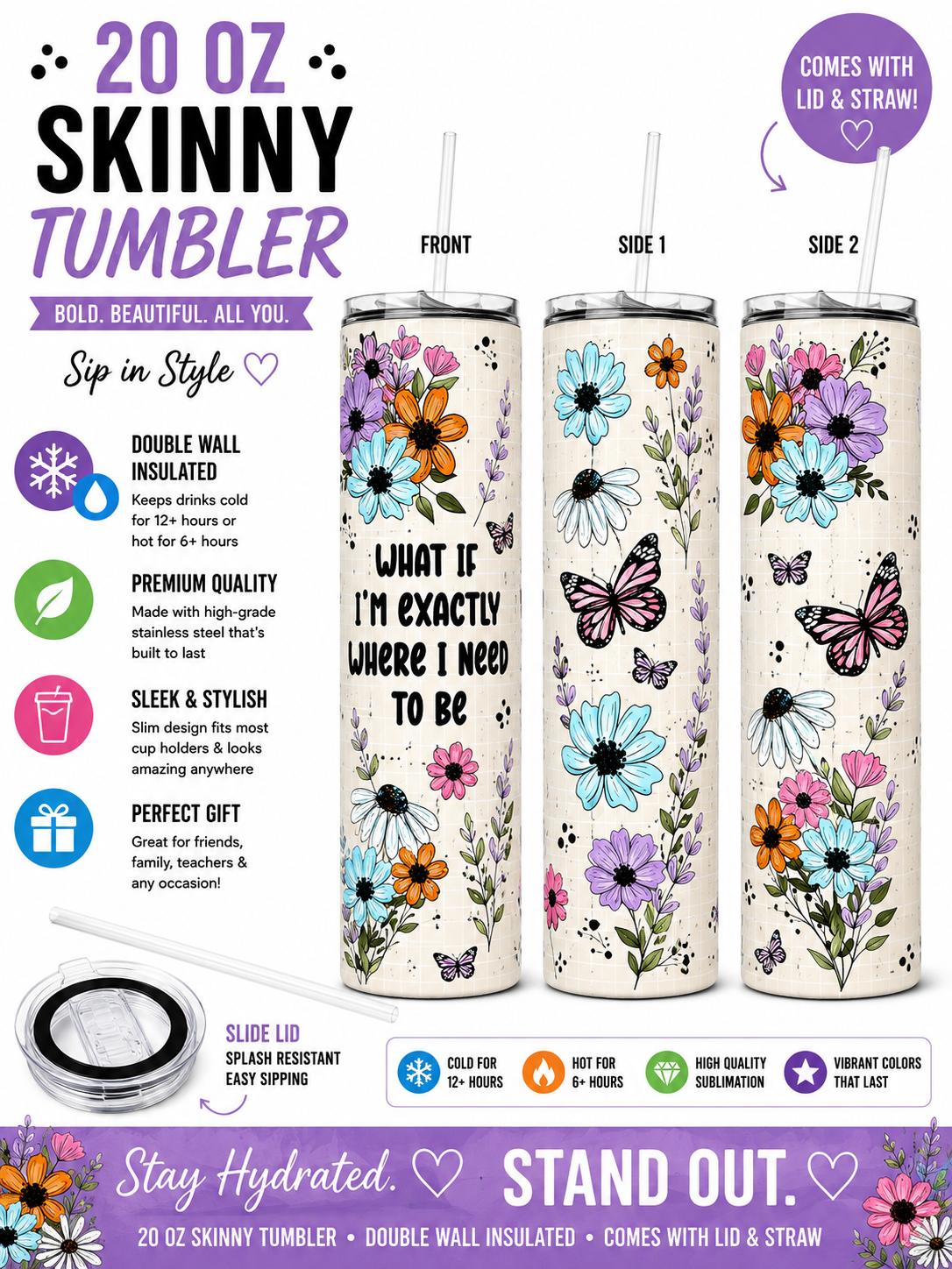 20 oz “Exactly Where I Need to Be” Floral Butterfly Skinny Tumbler 🌸🦋