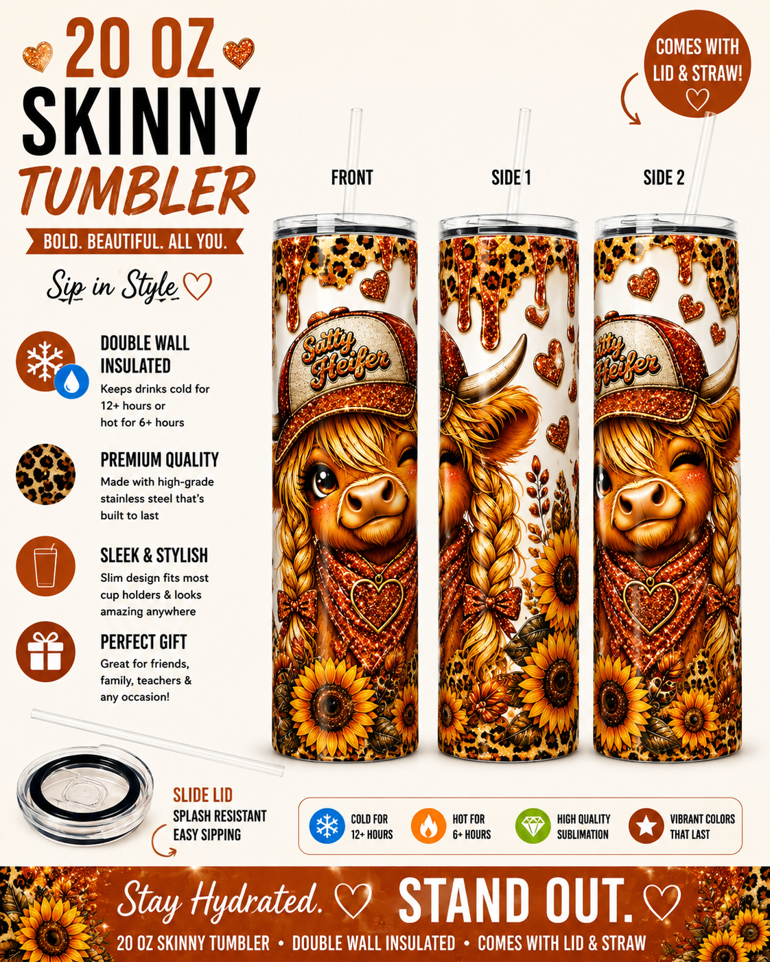 20 oz Skinny Tumbler – Highland Cow & Sunflower Design