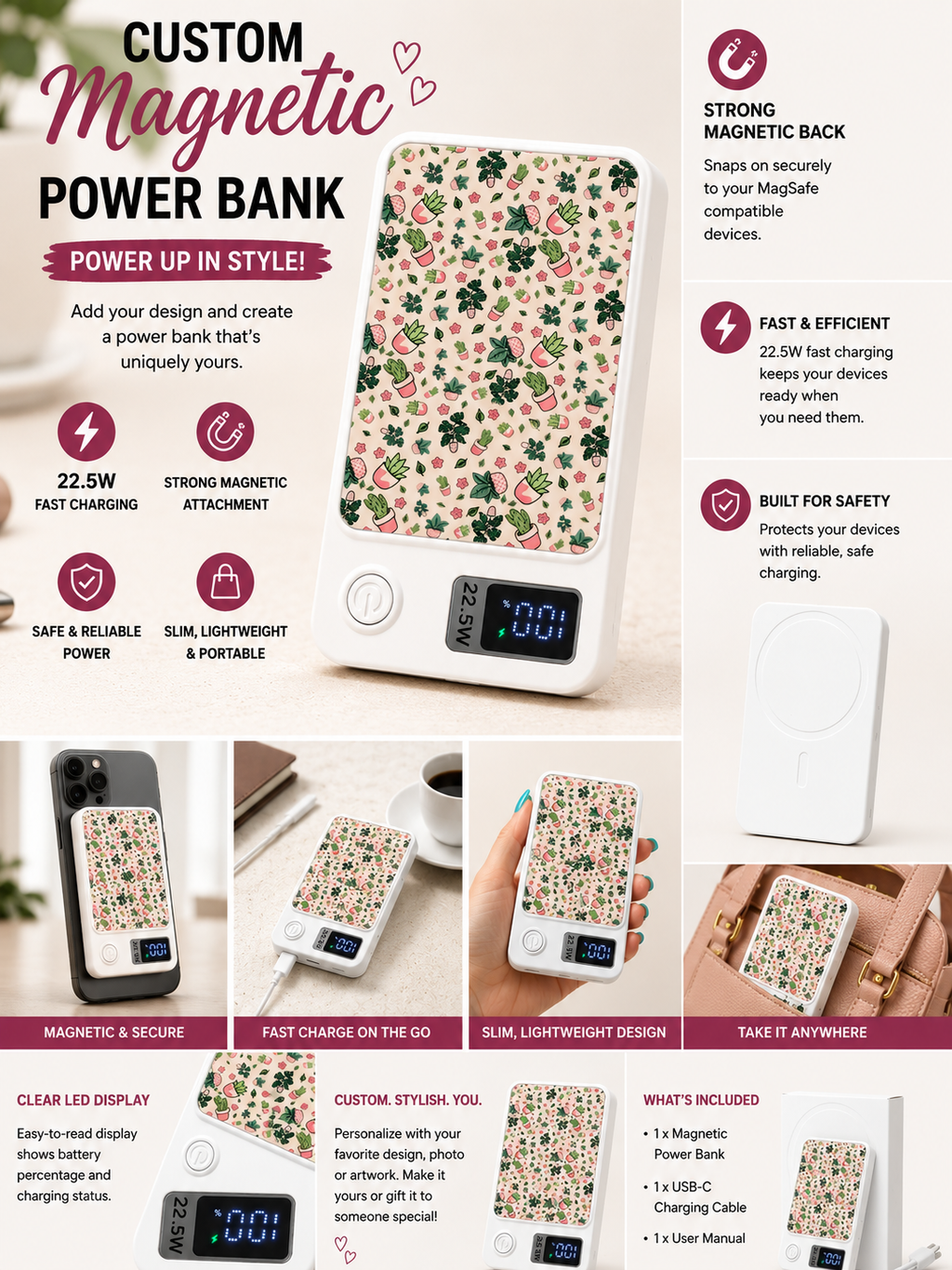 Power bank 🌵 Floral Succulent Magnetic Power Bank – 22.5W Fast Charging