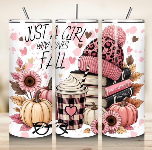 20 oz “Just a Girl Who Loves Fall” Skinny Tumbler 🍂📚🎃