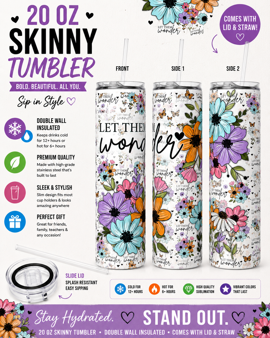20 oz “Let Them Wonder” Floral Skinny Tumbler 🌸🦋