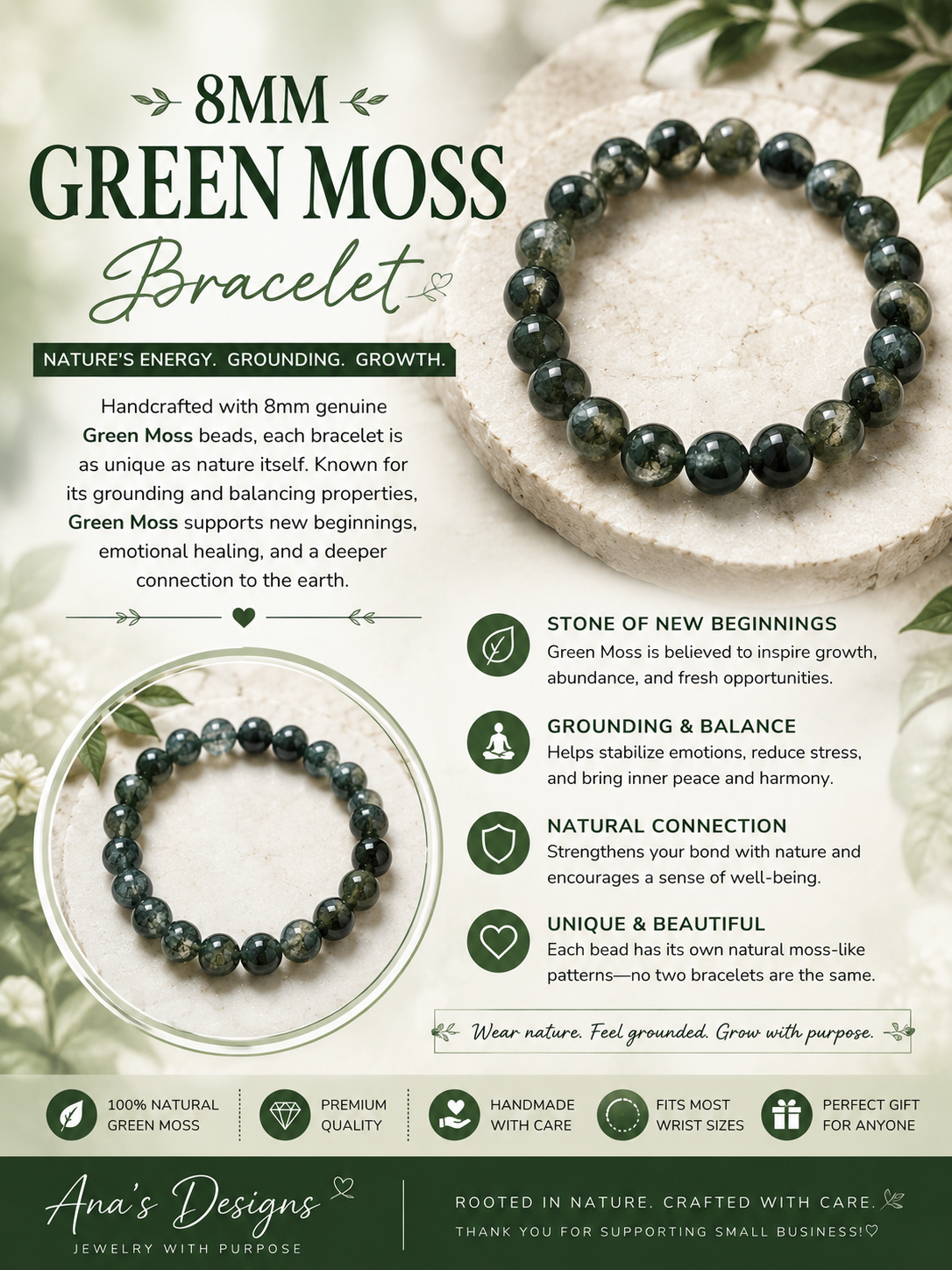 8mm Green Moss Gemstone Bracelet – Natural Stone Stretch Bracelet | Grounding, Growth & New Beginnings
