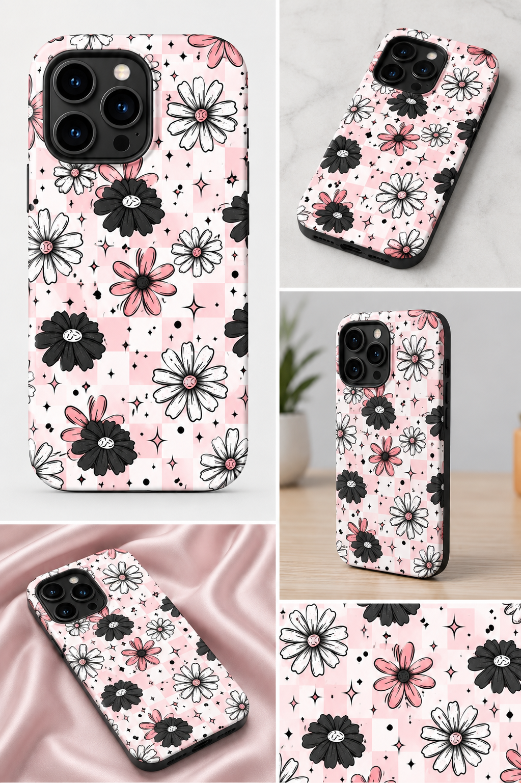 Pink Checkered Floral Phone Case | Retro Daisy Sublimation Case