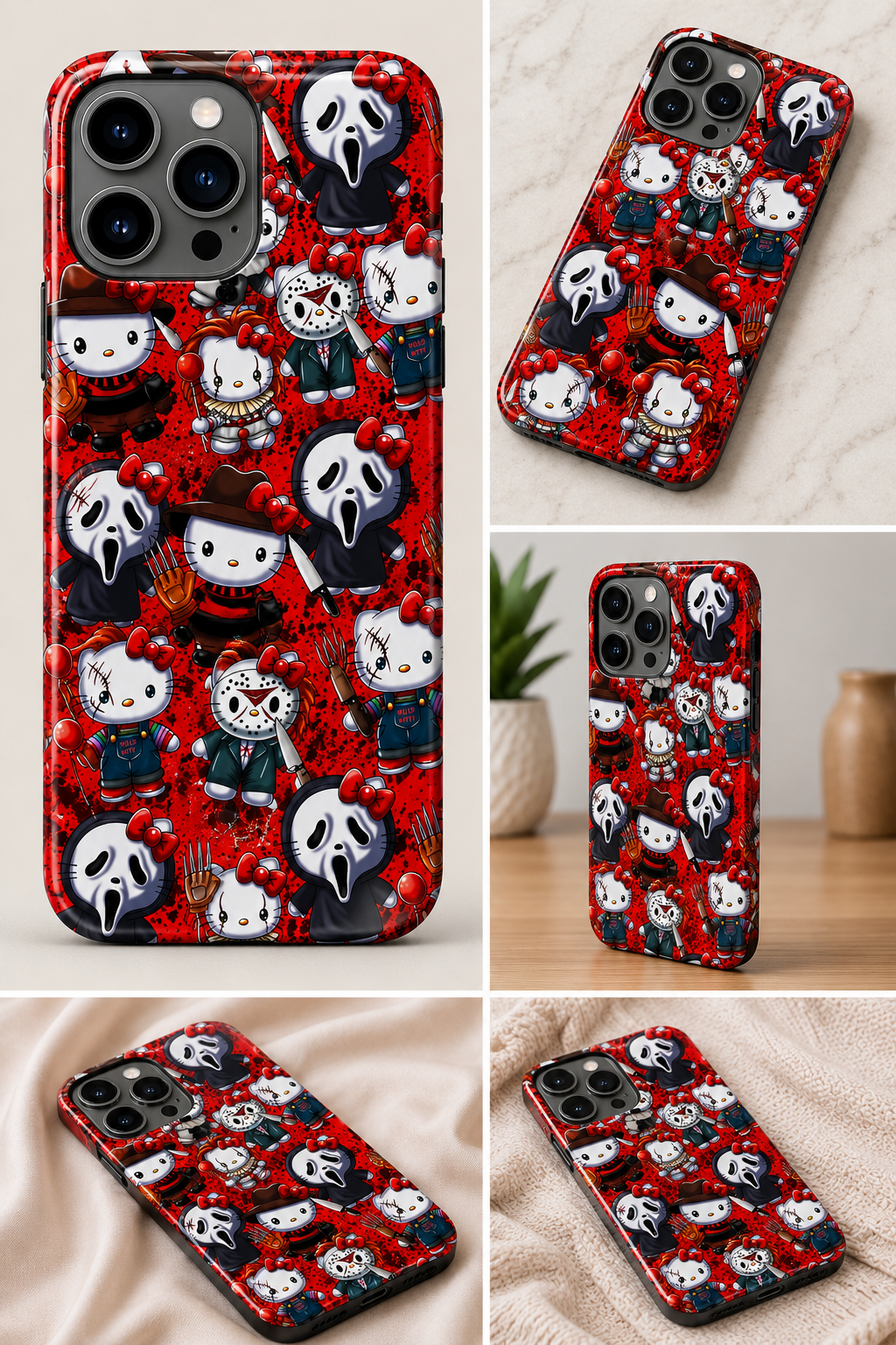 Cute Horror Kitty 3D Sublimated Phone Case | Red Halloween Horror Design