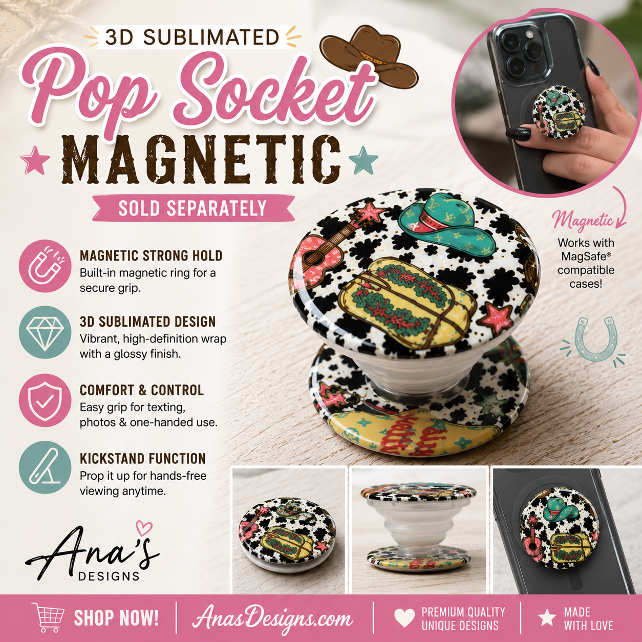 3D Sublimated Magnetic PopSocket – Western Cowgirl Design