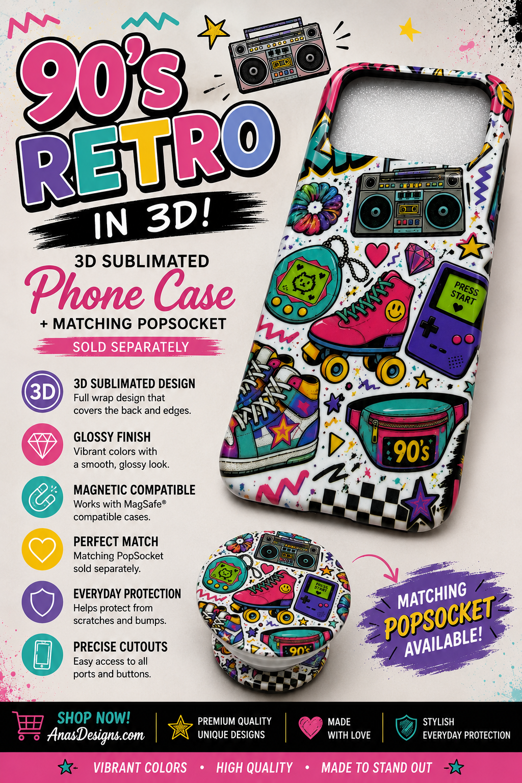 3D Sublimated Phone Case – 90s Retro Design