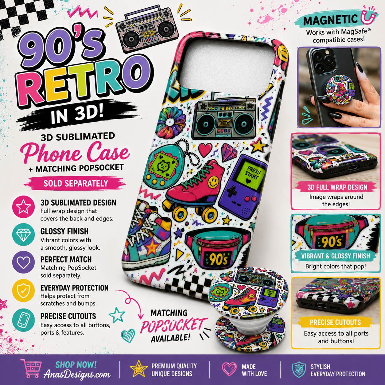 3D Sublimated Phone Case – 90s Retro Design
