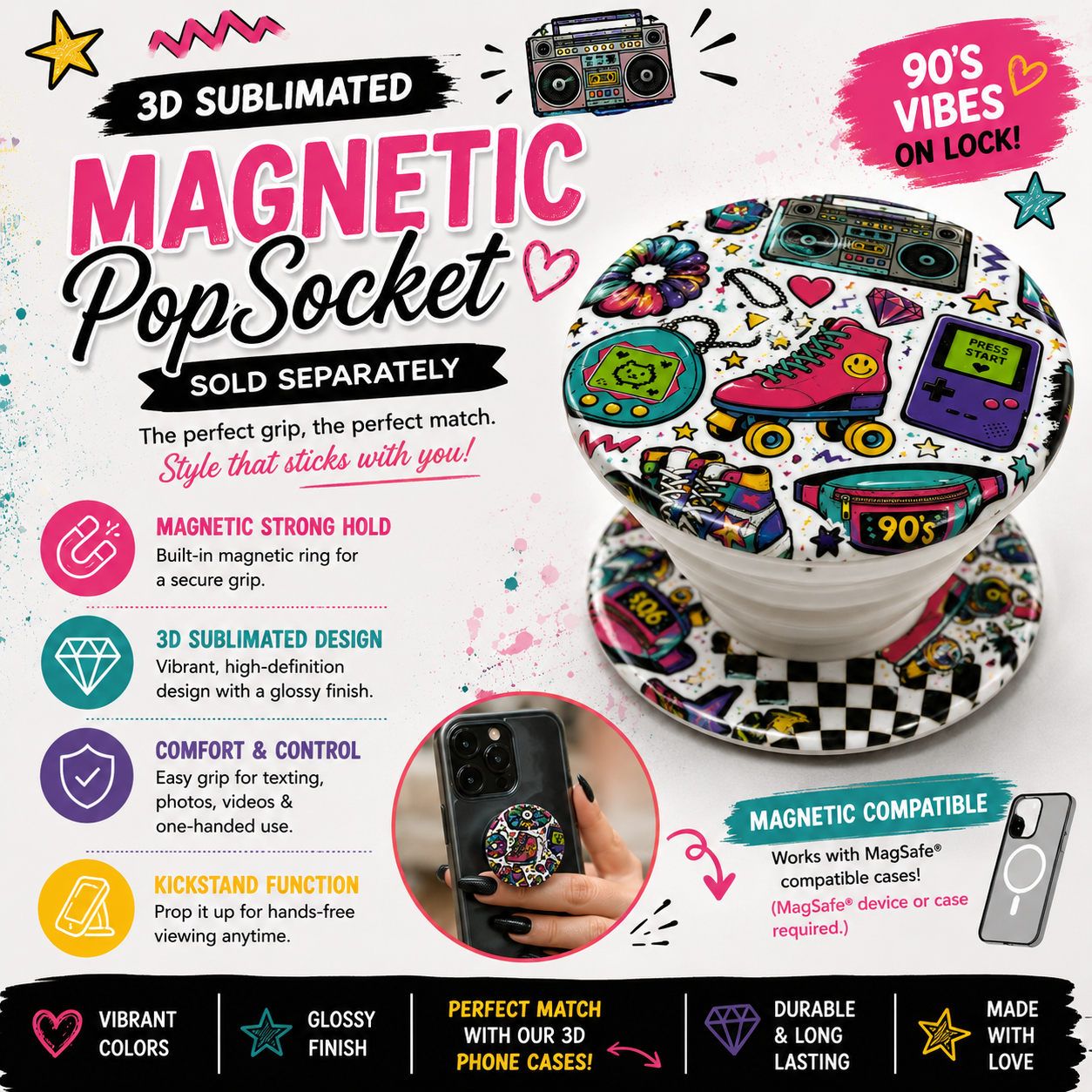 3D Sublimated Magnetic PopSocket – 90s Retro Design