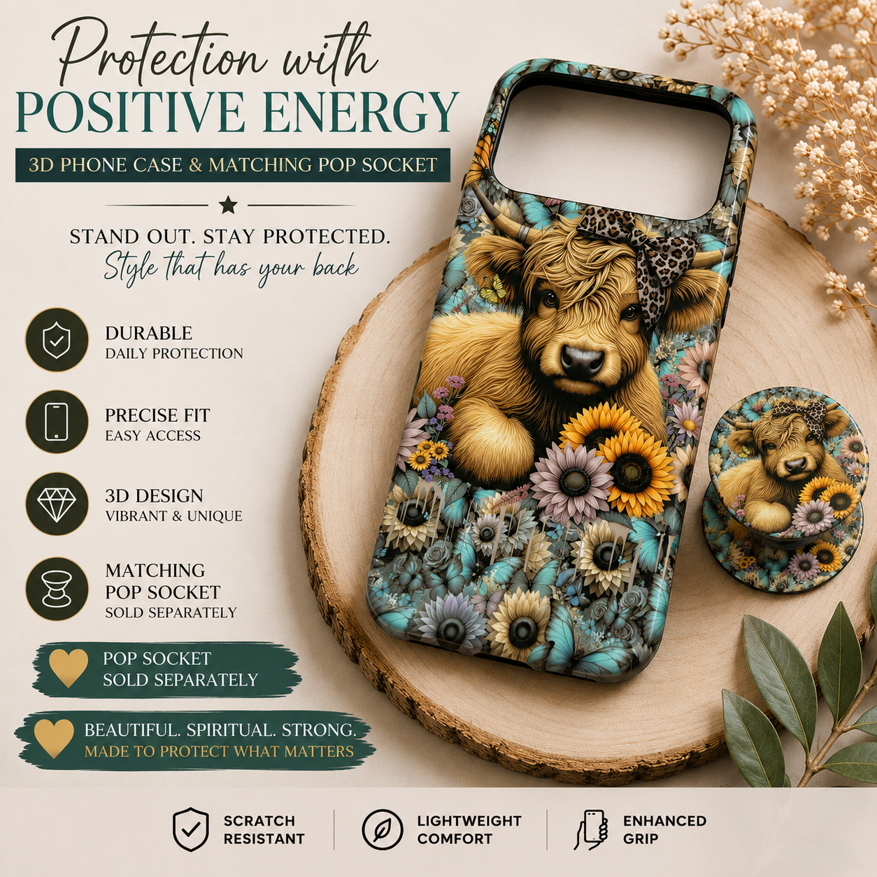 Highland Cow 3D Sublimated Phone
Case | Floral & Butterfly Design