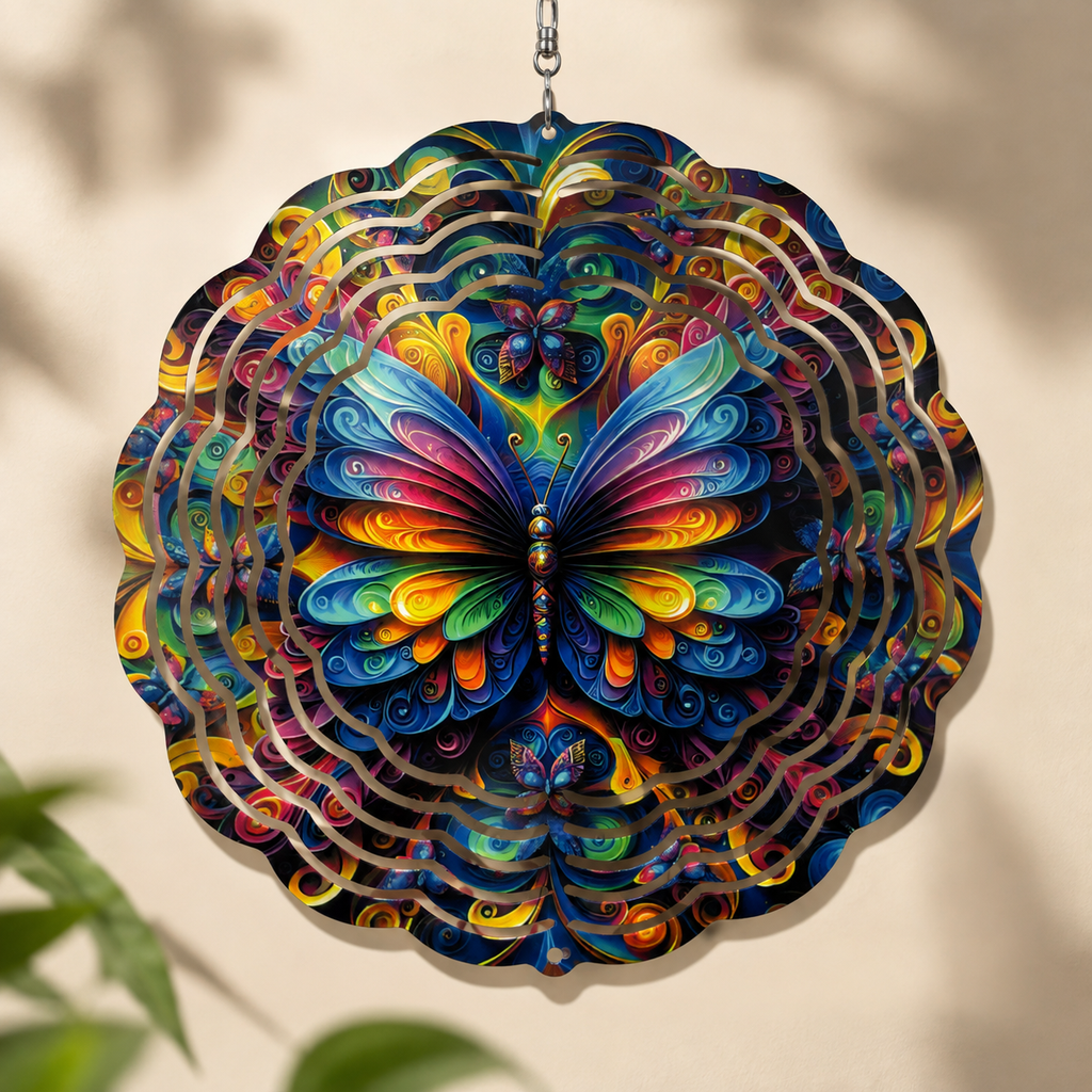 Rainbow Butterfly Wind Spinner | Vibrant 3D Metal Garden Spinner | Outdoor Hanging Décor