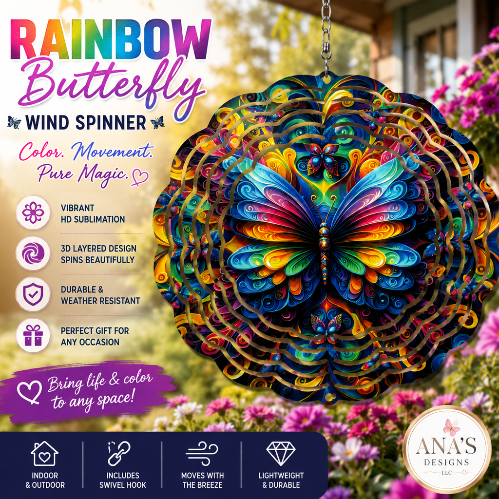 Rainbow Butterfly Wind Spinner | Vibrant 3D Metal Garden Spinner | Outdoor Hanging Décor