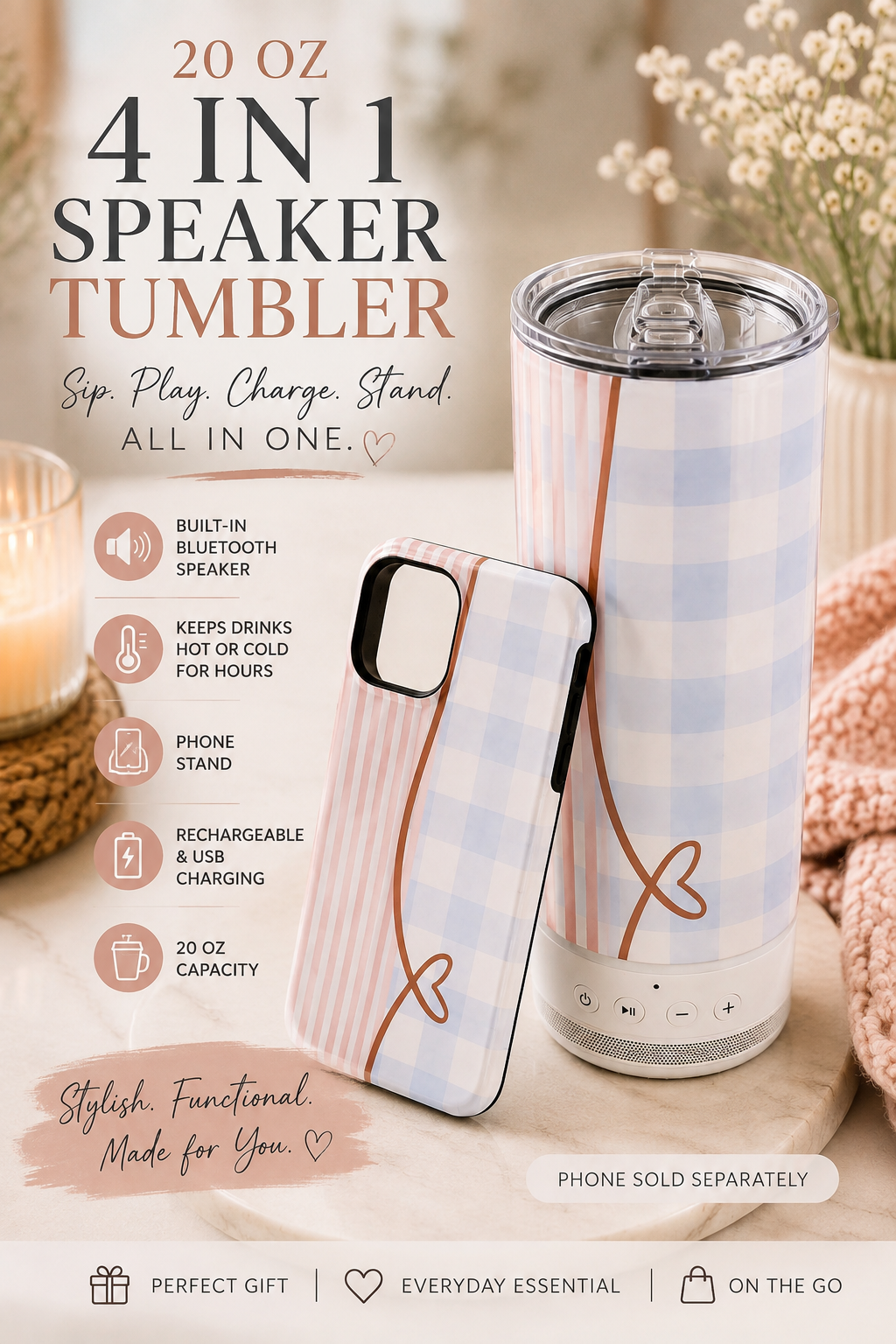 20 oz 4-in-1 Bluetooth Speaker Tumbler | Insulated Travel Tumbler | Phone Sold Separately