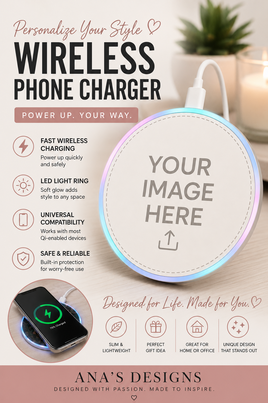 Custom Photo Wireless Phone Charger | Personalized LED Qi Fast Charging Pad