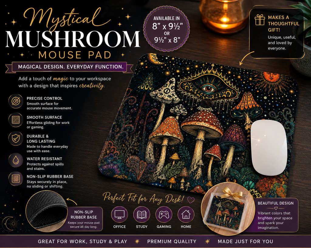 Mystical Mushroom Mouse Pad | Boho Desk Accessory | Non-Slip Rubber Base