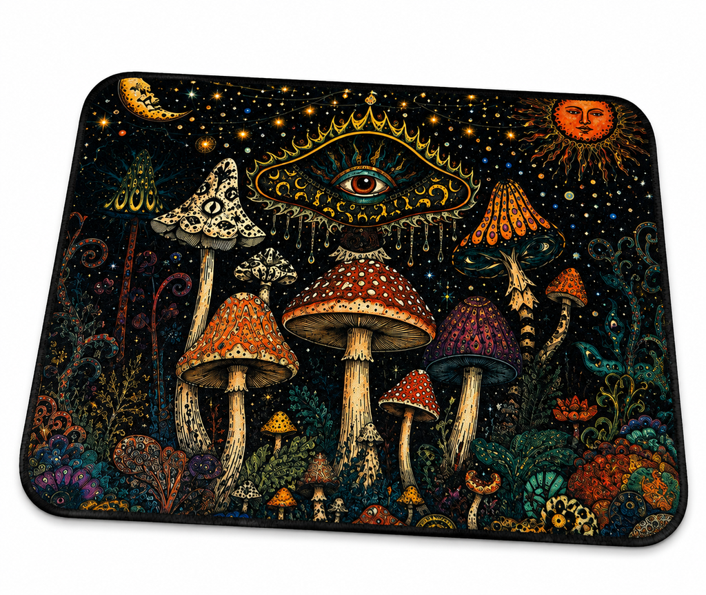 Mystical Mushroom Mouse Pad | Boho Desk Accessory | Non-Slip Rubber Base