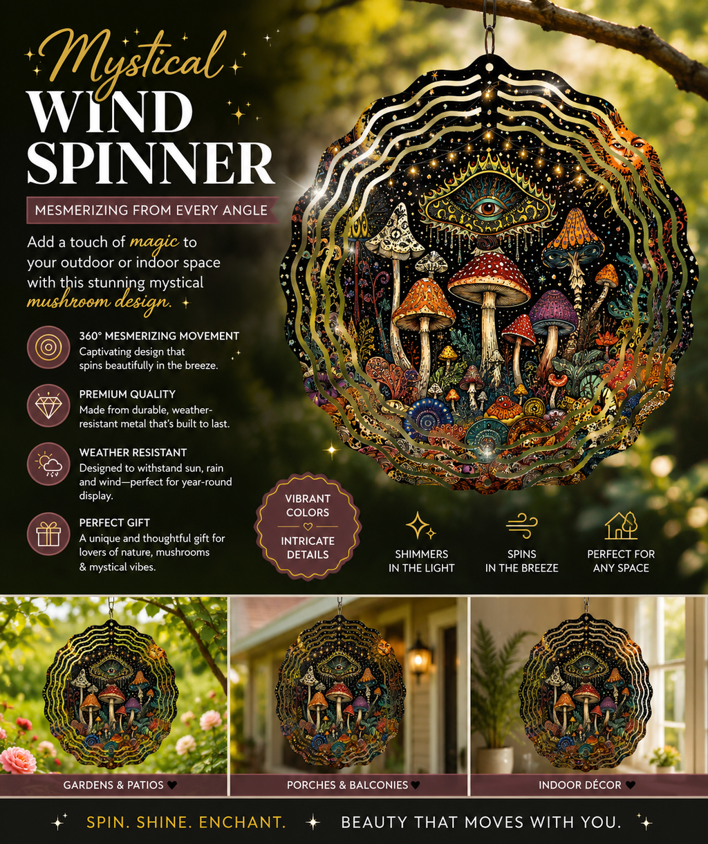 Mystical Mushroom Wind Spinner | Metal Garden Spinner | Outdoor Hanging Yard Décor