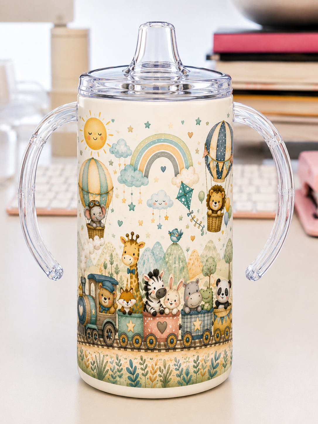 Animal Adventure Train Sippy Cup – Safari Animals, Rainbow & Hot Air Balloons