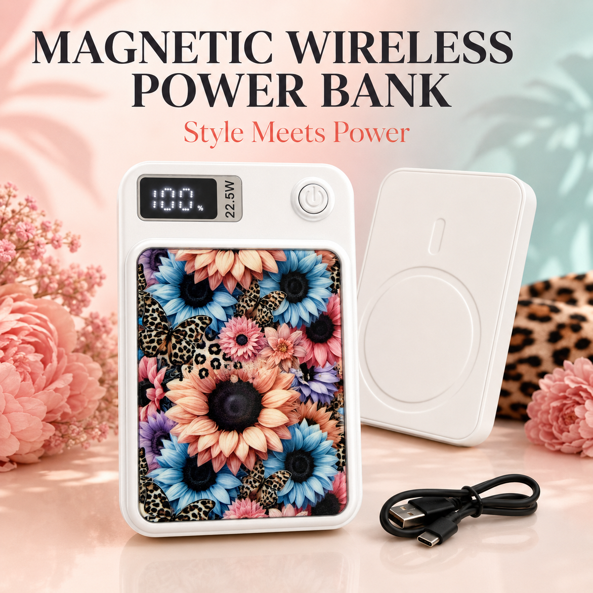 Power bank- Floral Leopard Magnetic Wireless Power Bank – Portable Phone Charger
