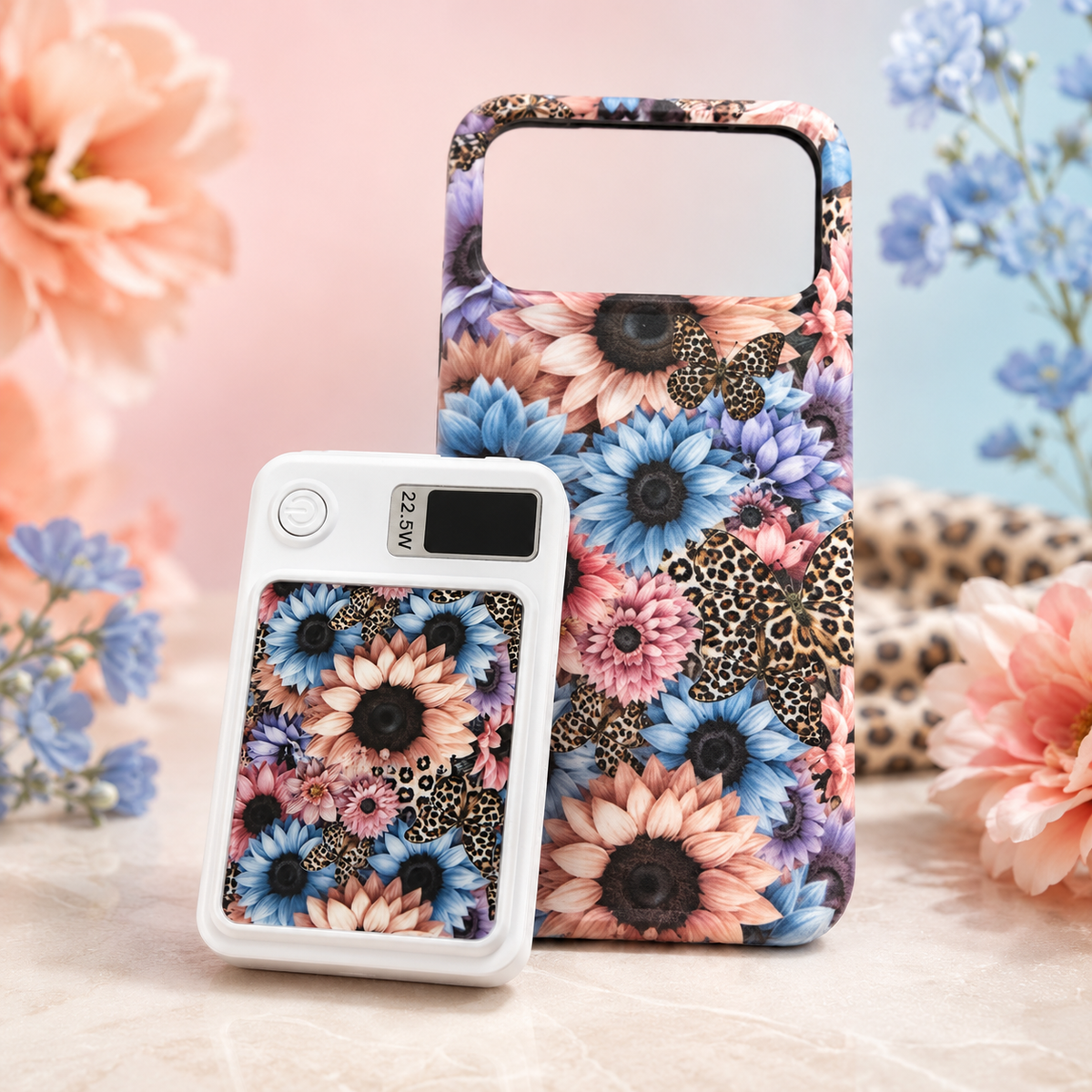 Power bank- Floral Leopard Magnetic Wireless Power Bank – Portable Phone Charger