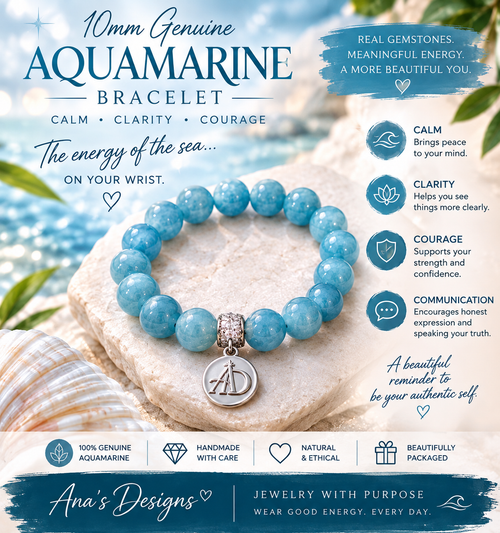 10mm Genuine Aquamarine Bracelet with Ana’s Designs Charm – Natural Gemstone Bracelet | Calm, Clarity & Courage