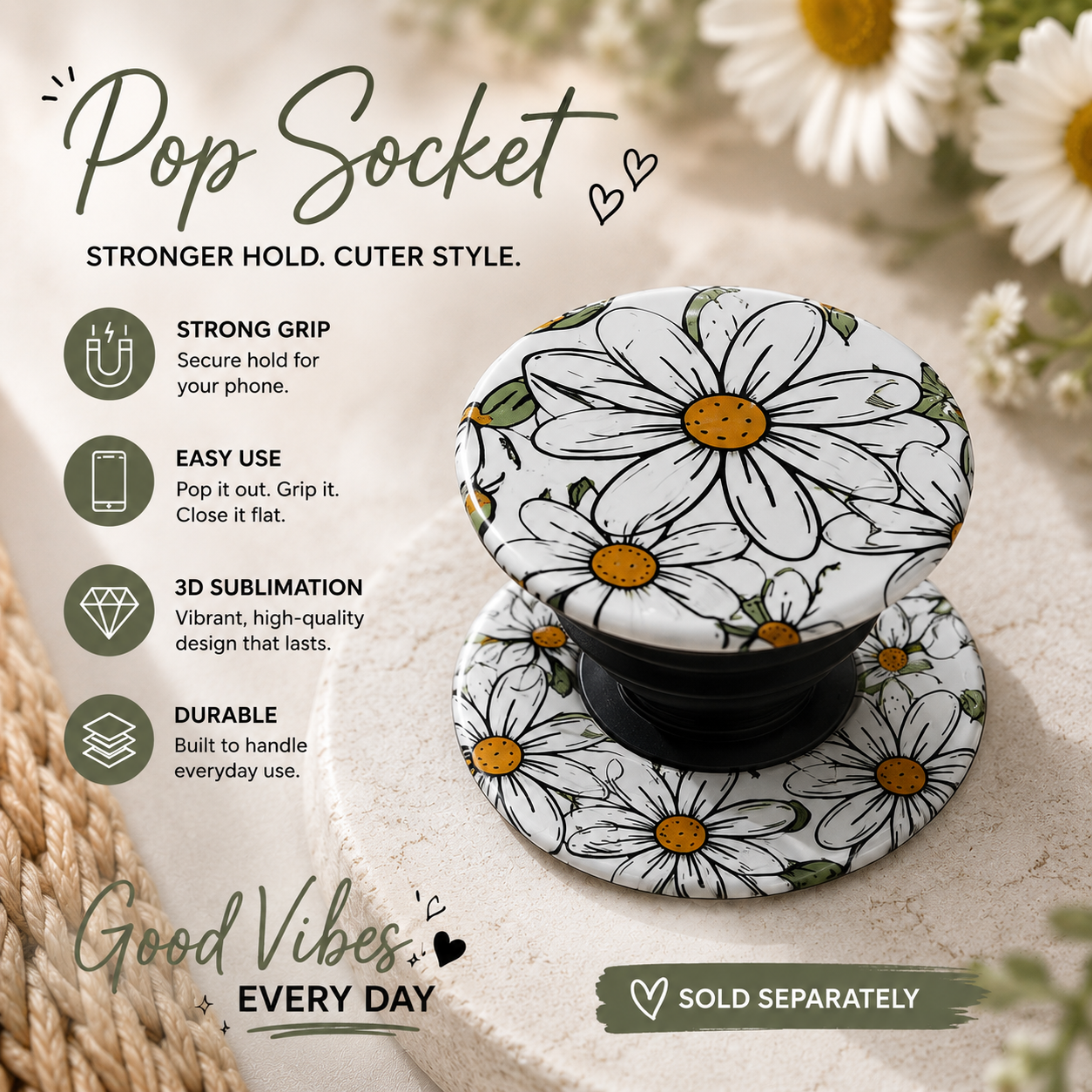 3D Sublimation Magnetic Phone Grip | Double-Sided Custom Pop Grip | Floral Phone Accessory