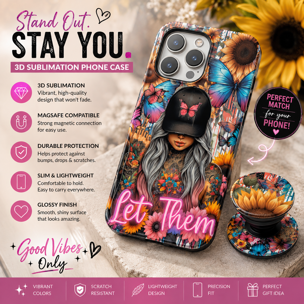 Let Them Phone Case | 3D Sublimation MagSafe Case | Butterfly Sunflower Tattoo Girl Design