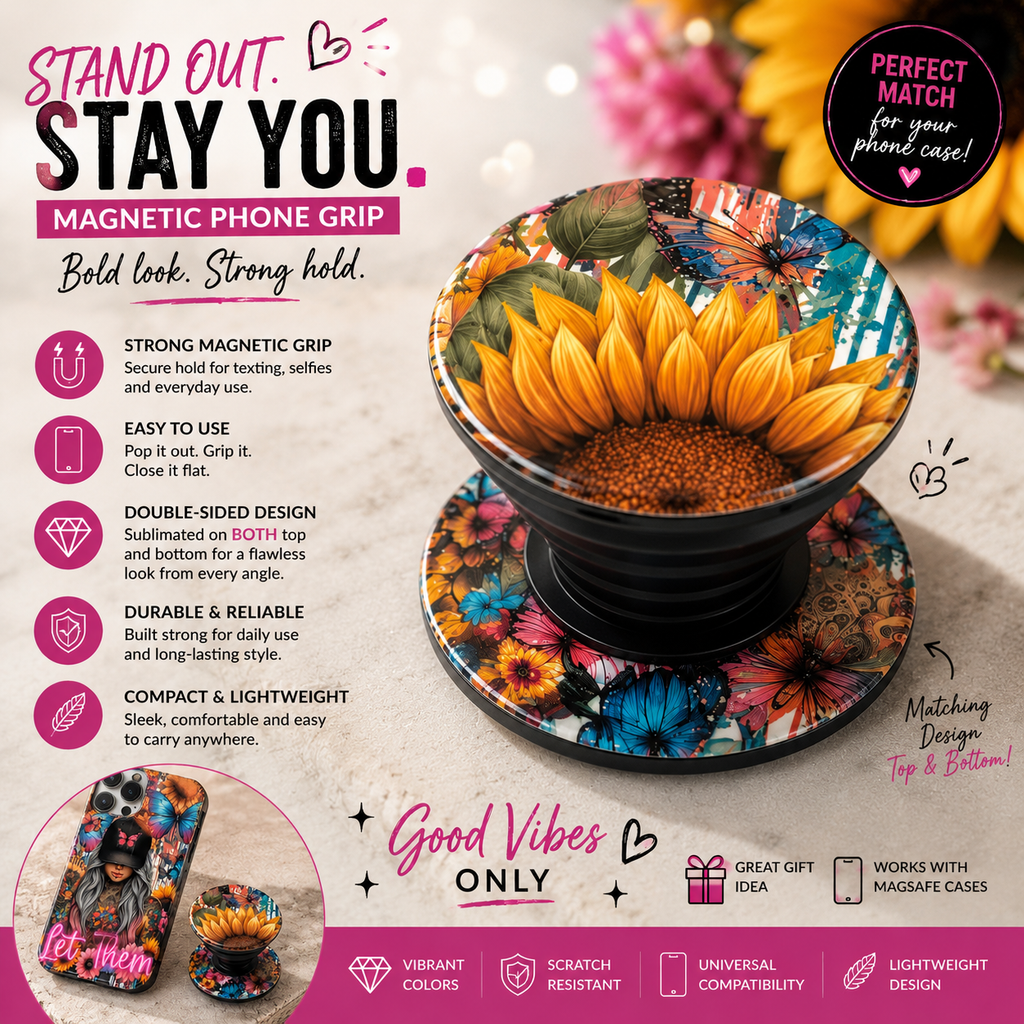 Let Them Magnetic Phone Grip | Double-Sided Sublimation Grip | Butterfly Sunflower Phone Accessory