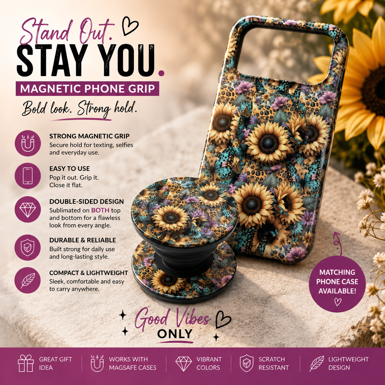 Sunflower & Butterfly Phone Case | 3D Sublimation MagSafe Case | Leopard Floral Design