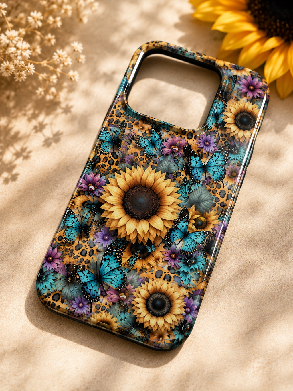 Sunflower & Butterfly Phone Case | 3D Sublimation MagSafe Case | Leopard Floral Design