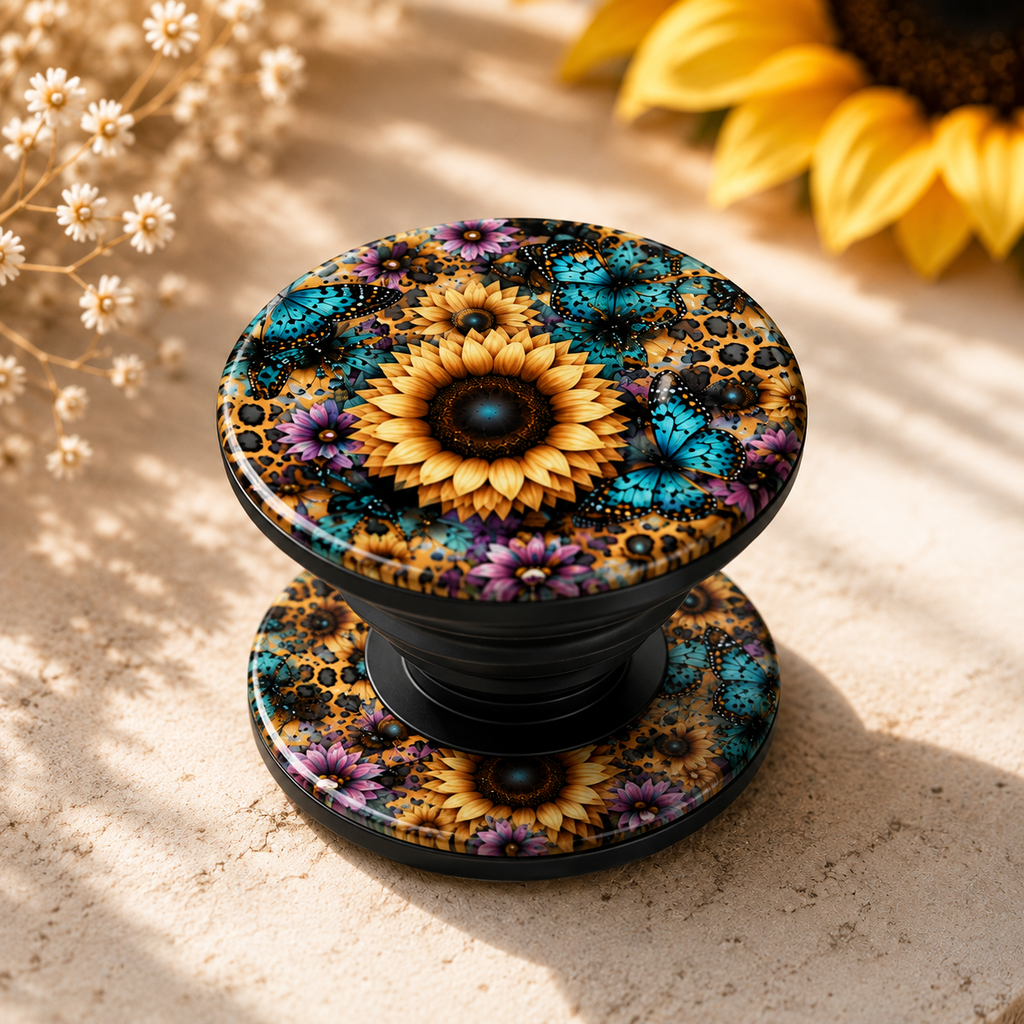 Sunflower Butterfly Magnetic Phone Grip | Double-Sided Sublimation | Leopard Floral MagSafe Grip