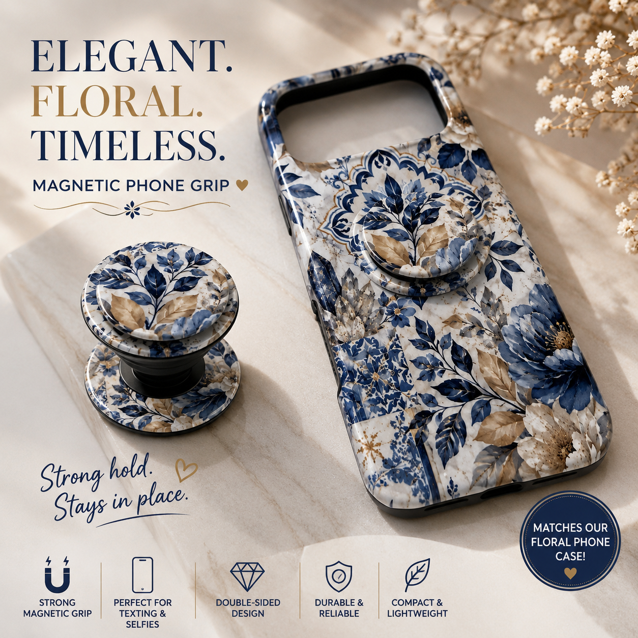 Blue Floral 3D Sublimation MagSafe Phone Case | Elegant Navy & Gold Floral Case | Matching Phone Grip Available