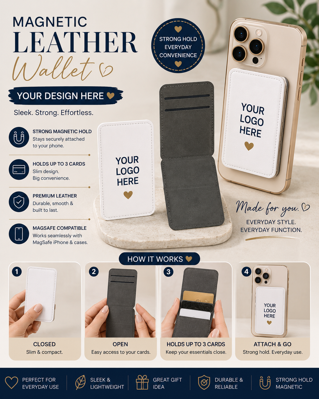 Custom Sublimation Magnetic Leather Phone Wallet | Personalized MagSafe Card Holder | Photo or Logo Phone Wallet