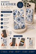 Blue Floral Magnetic Leather Wallet – MagSafe Card Holder | Crystal & Floral Phone Wallet | Sublimated Card Holder